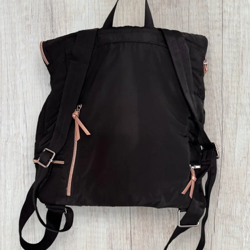 Stella & Dot Black Quilted Backpack Zip Tote Travel Bag Crush It Repeat Lining